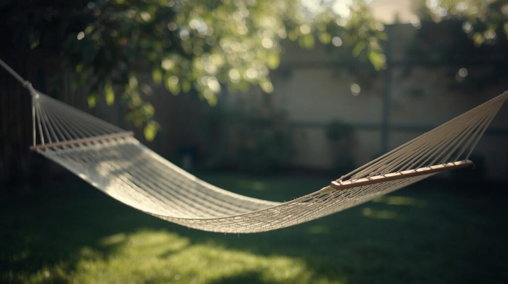 Concept A serene scene of a hammock in a garden or an afternoon nap setting with soft natural light. Style Calming minimal evokes peace and rest 1