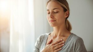 Visual Keywords for Sourcing Design calm woman meditating serene mindful breathing hand on heart peace natural light portrait vagus nerve relaxation concept soft focus wellness